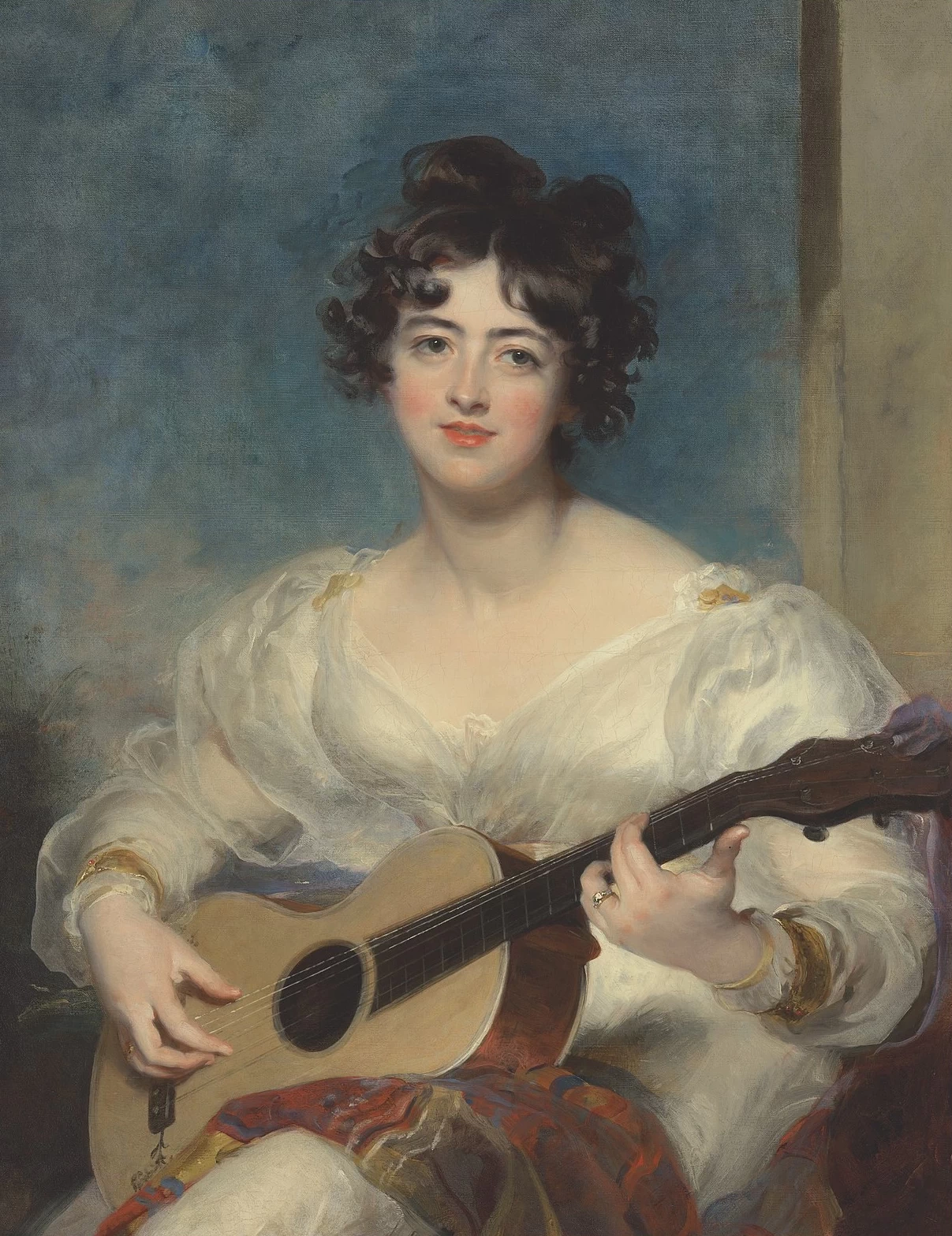 Ritratto di Elizabeth Blake, Lady Wallscourt (1805 - 1877), di tre quarti, mentre suona una chitarra